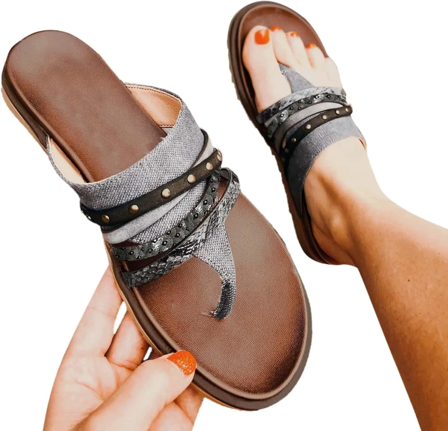 2025 New Women's Summer Sandals Casual Snake Pattern Color Matching Flip-Flops Leather Braided Strap Beach
