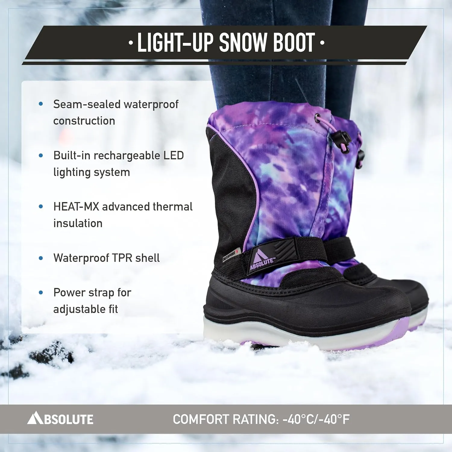 Absolute Nebula 4 Little Kid Light Up Snow Winter Boots, Warm, Insulated, Waterproof Shell