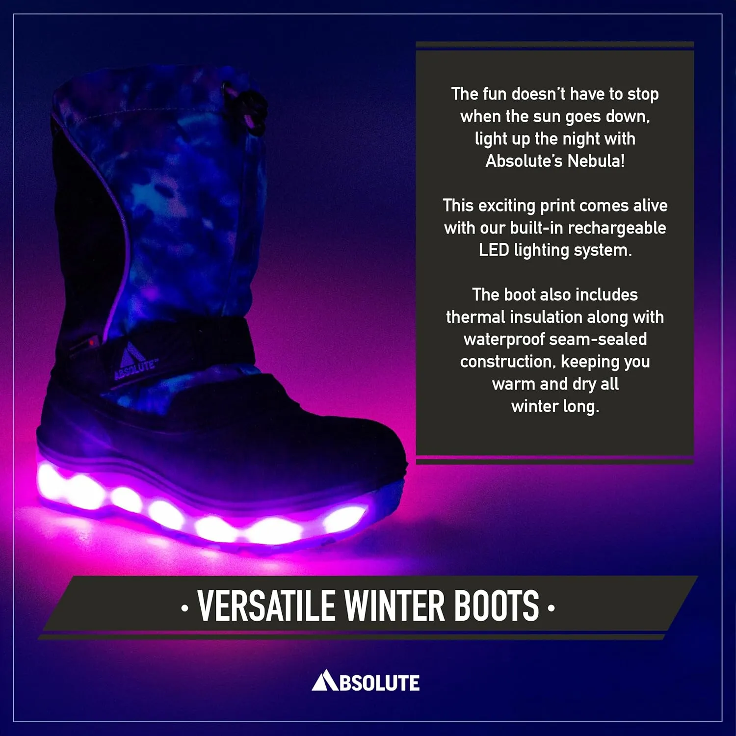 Absolute Nebula 4 Little Kid Light Up Snow Winter Boots, Warm, Insulated, Waterproof Shell