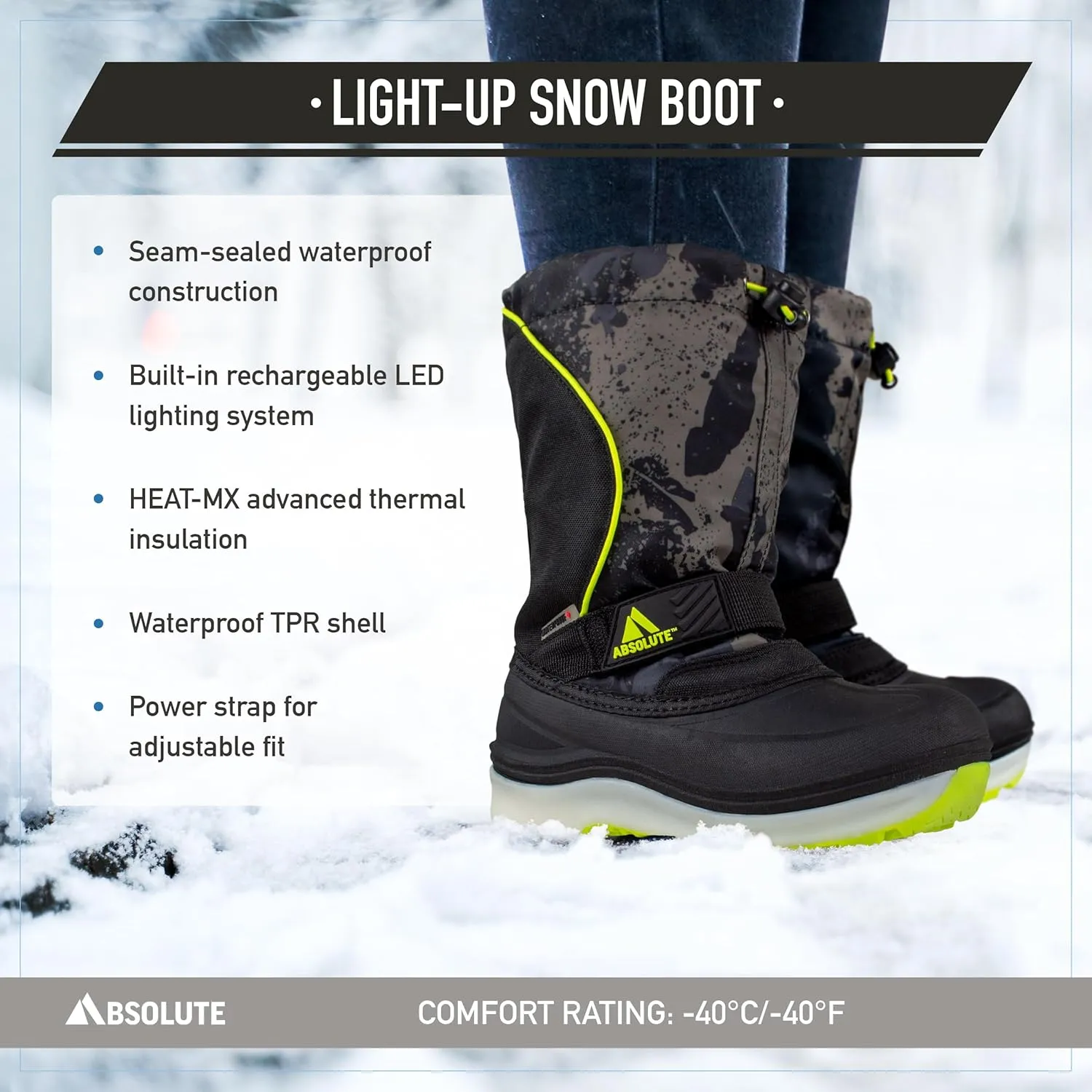 Absolute Nebula 4 Little Kid Light Up Snow Winter Boots, Warm, Insulated, Waterproof Shell