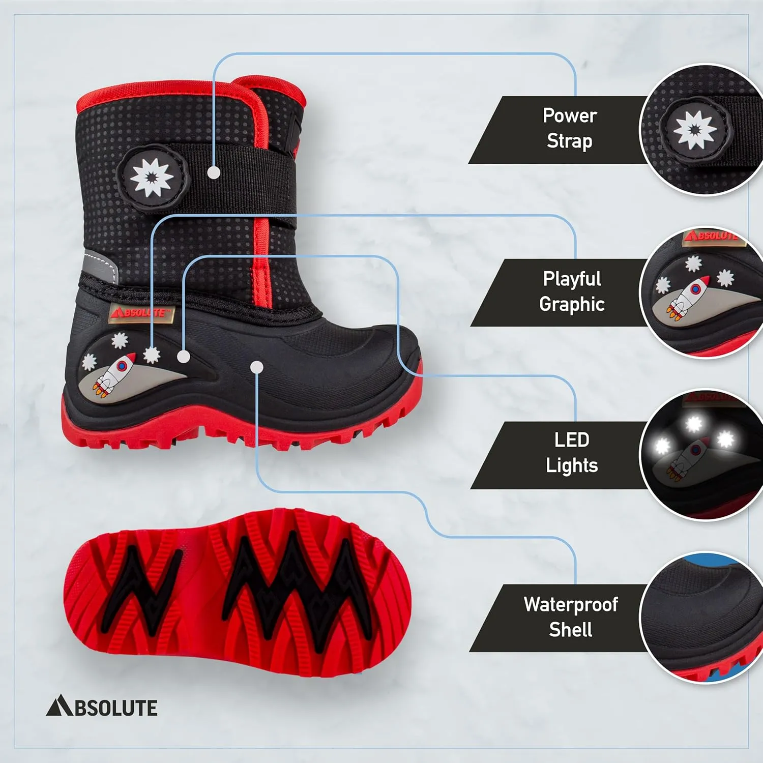 Absolute Sterling 3 Toddler Little Kids Light Up Snow Winter Boots, Warm, Insulated, Waterproof Shell