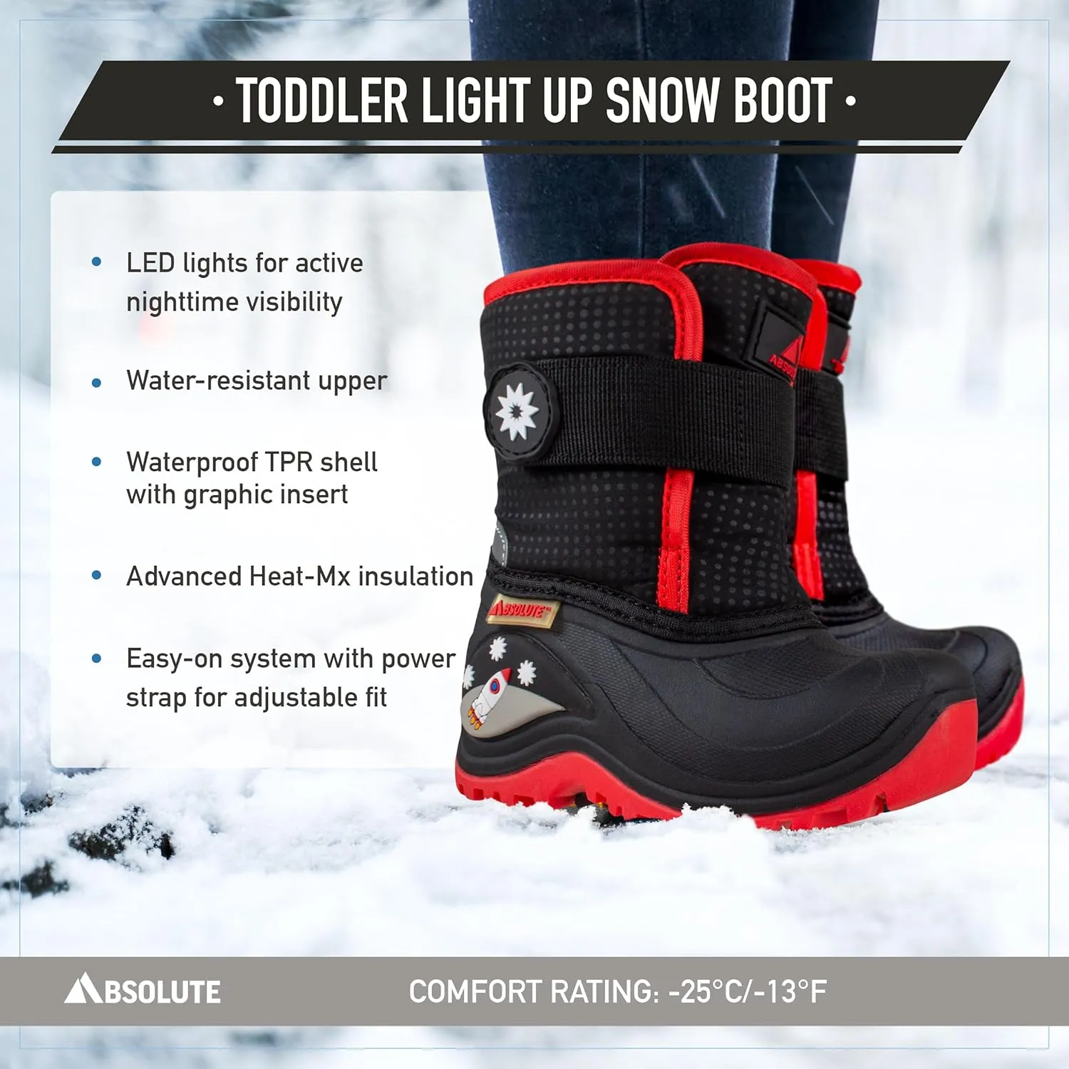 Absolute Sterling 3 Toddler Little Kids Light Up Snow Winter Boots, Warm, Insulated, Waterproof Shell