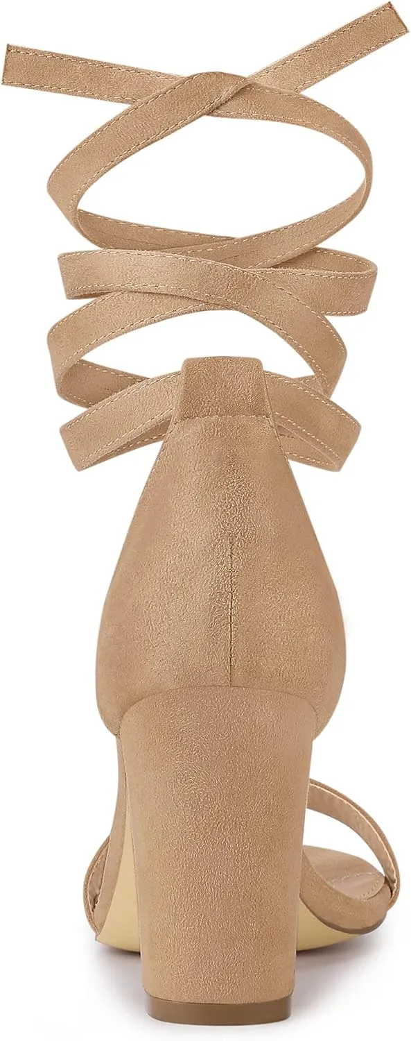 Allegra K Women's Lace Up and Ankle Strap Chunky Heel Sandals