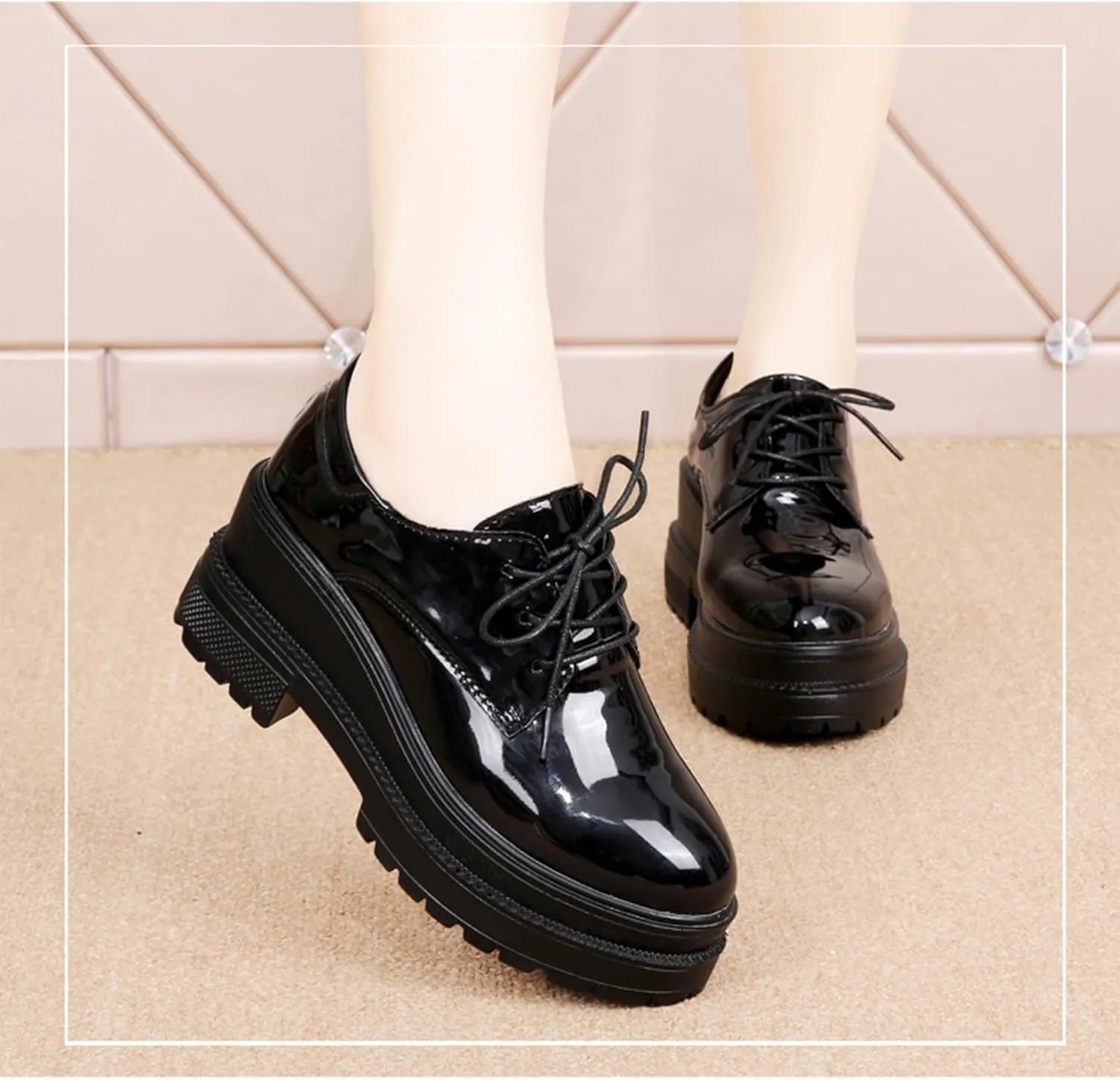 Black Wedge Increase Height Lug Sole Oxford Shoes for Women Platform Patent Leather Lace Up Platform Chunky Loafers Classic Business Casual Work Office Dress Shoes