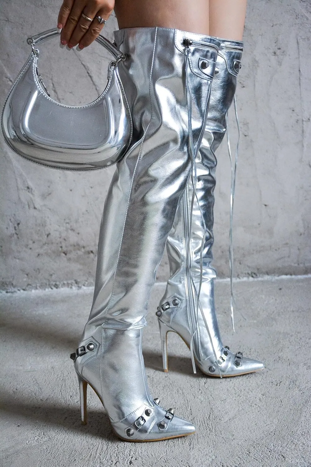 Cape Robbin Women's Over the Knee Boots Pointed Toe Rivets Tassels Stilettos High Heel Long Boots Thigh High Boots