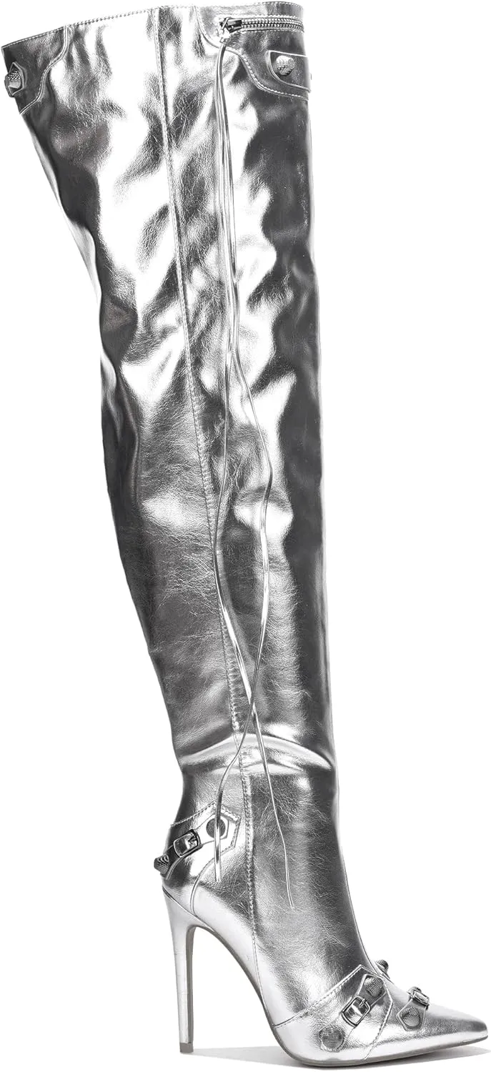 Cape Robbin Women's Over the Knee Boots Pointed Toe Rivets Tassels Stilettos High Heel Long Boots Thigh High Boots