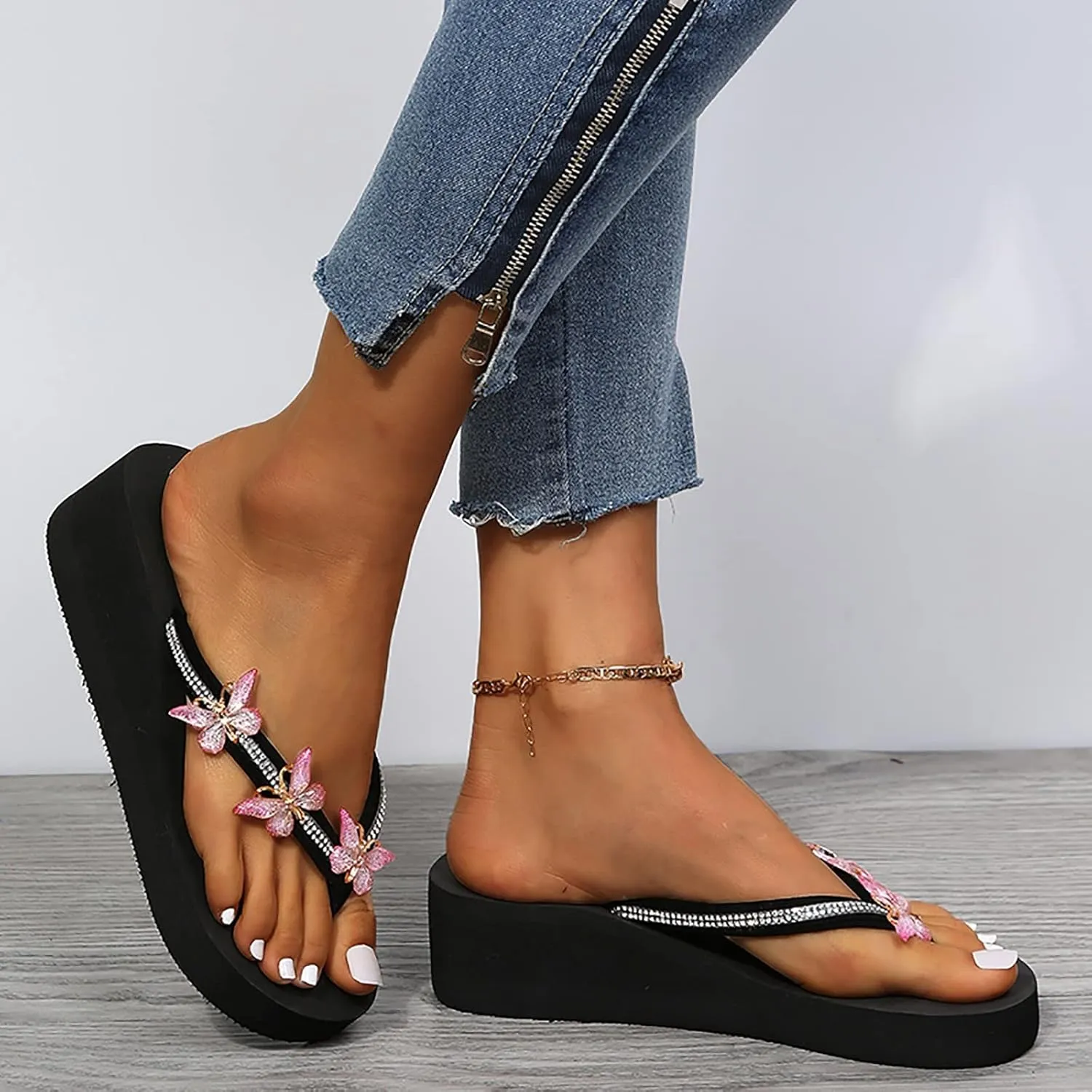 Casual Shoes Butterfly Rhinestone Wedge Flip Flops for Women Platform Wedge Sandals Casual Summer Beach Slides (Pink, 8.5)
