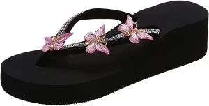 Casual Shoes Butterfly Rhinestone Wedge Flip Flops for Women Platform Wedge Sandals Casual Summer Beach Slides (Pink, 8.5)