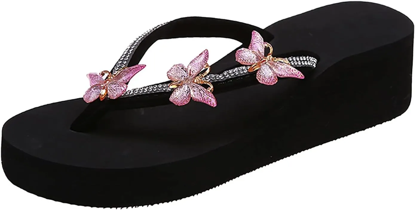 Casual Shoes Butterfly Rhinestone Wedge Flip Flops for Women Platform Wedge Sandals Casual Summer Beach Slides (Pink, 8.5)
