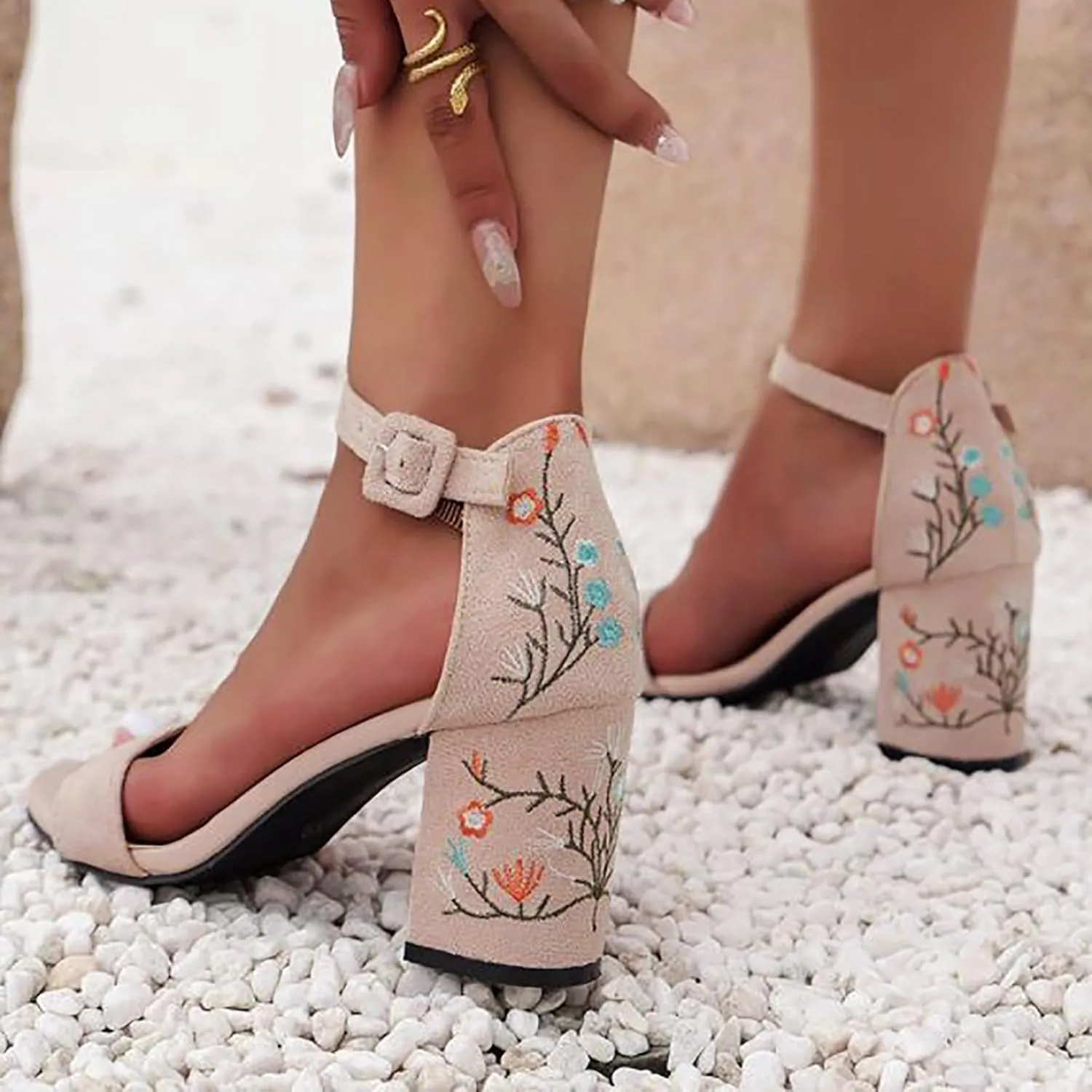 Chunky Heels for Women Open Toe Suede Sandals Block Heel Dress Shoes Ankle Strap Party Shoes Goth Summer Heels