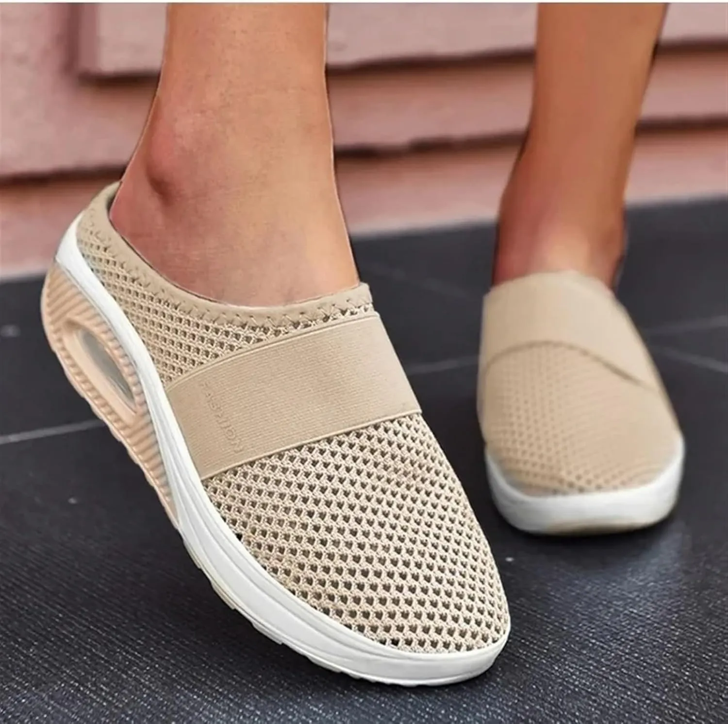 Clogs for Women Summer Air Cushion Platform Mesh Mules Sneaker Sandals Orthopedic Diabetic Slippers Closed Toe Open Back Non Slip Wedge Sandals with Arch-Support