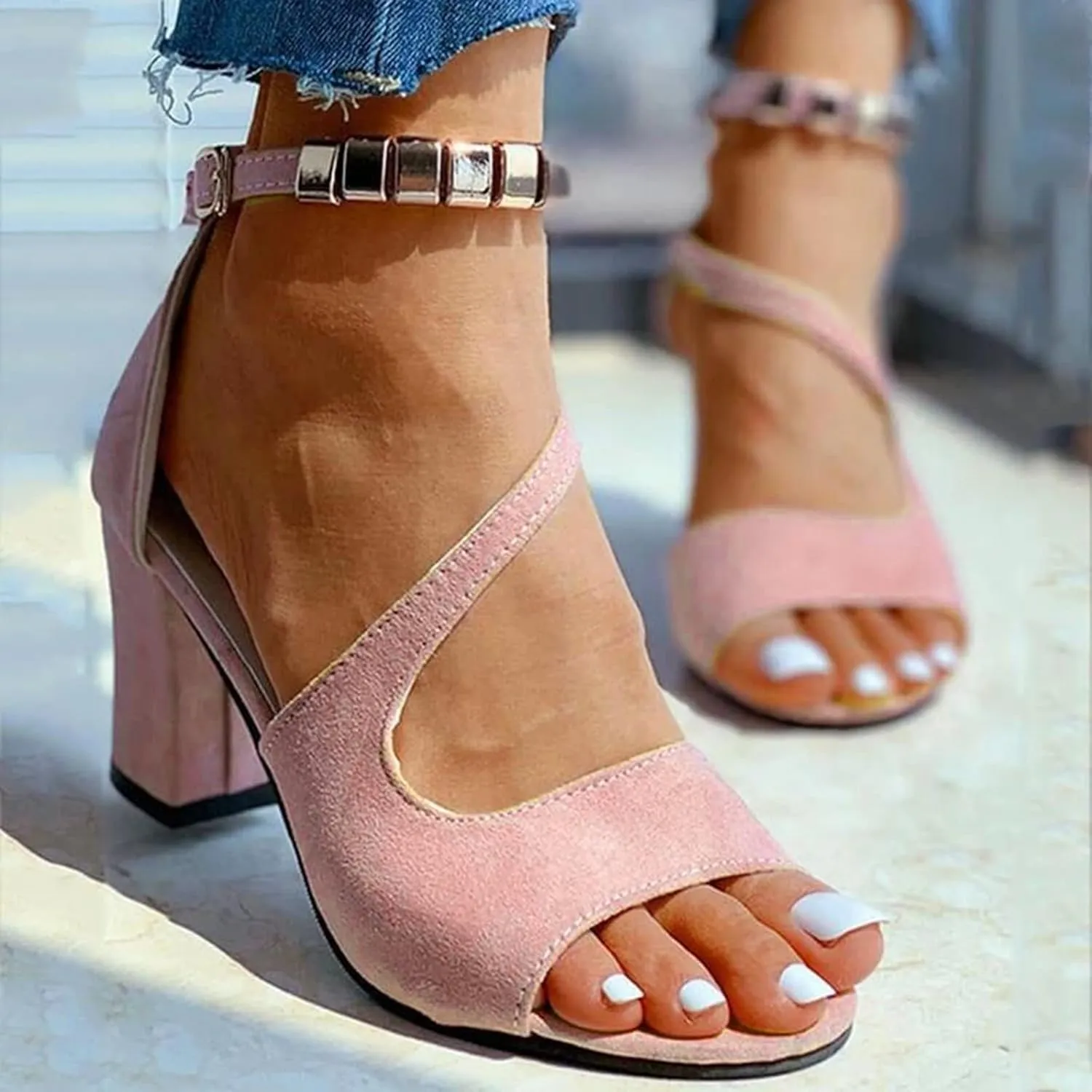 Dress Shoes for Women Open Toe Suede Sandals Summer Chunky Heels Block Heel Office Sandals Ankle Strap Work Shoes