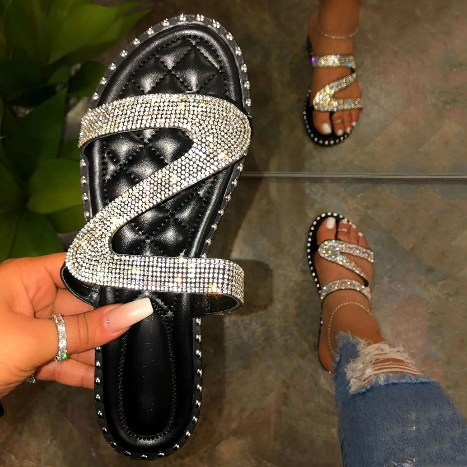 Dressy Sandals for Women Flat Flip Flops Slide Falt Peep toe Gladiator Rhinestone Women's Flat Sandals