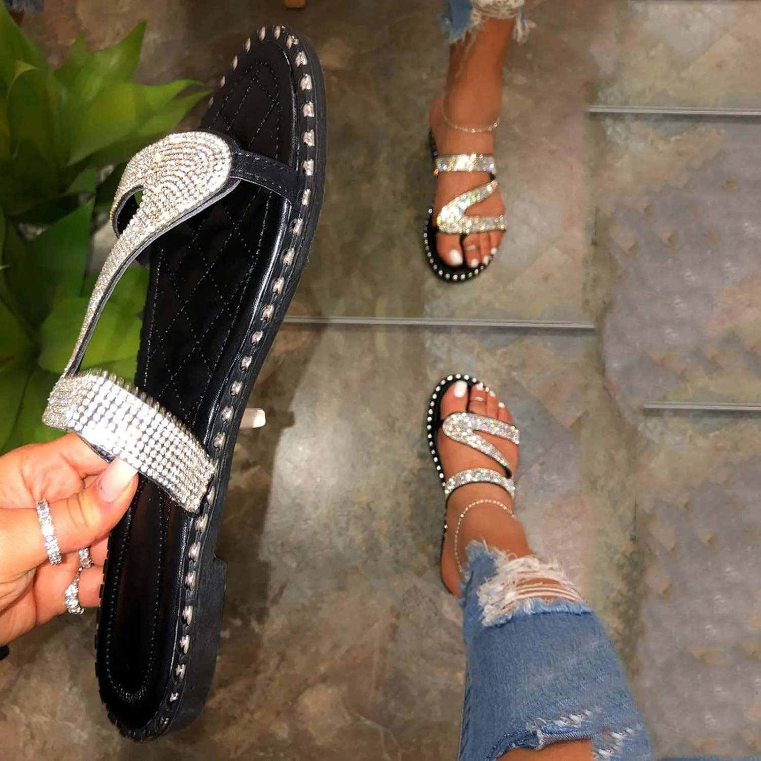 Dressy Sandals for Women Flat Flip Flops Slide Falt Peep toe Gladiator Rhinestone Women's Flat Sandals