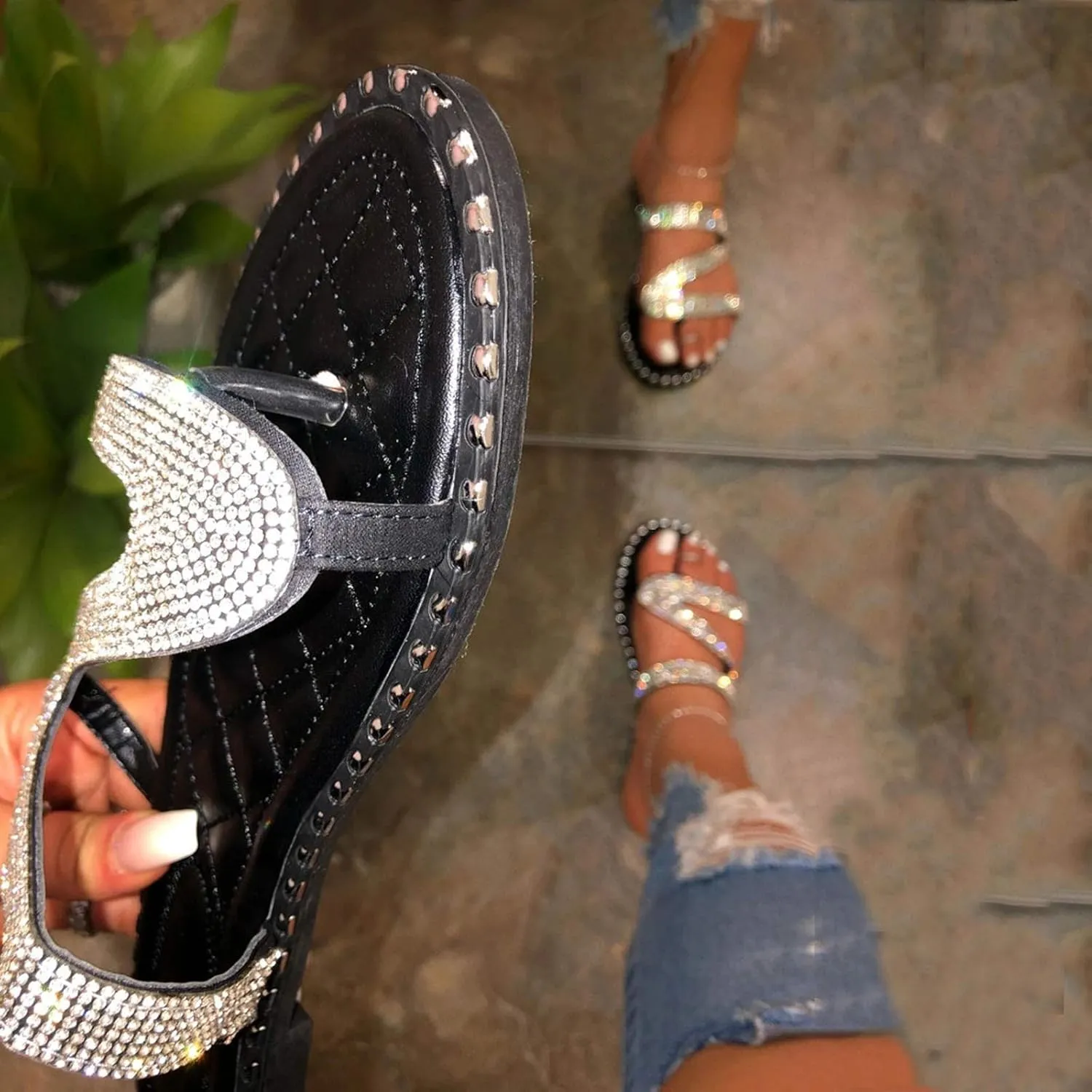 Dressy Sandals for Women Flat Flip Flops Slide Falt Peep toe Gladiator Rhinestone Women's Flat Sandals