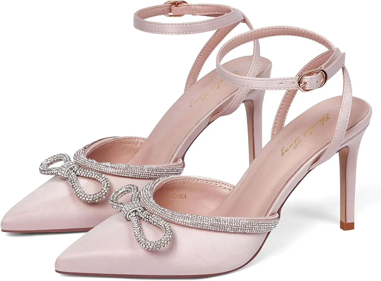 Elisabet Tang Women's High Heel Pumps,Rhinestone Strip Bowknot Ankle Buckle Straps Heels Stiletto Sandals Suede Pointed Closed Toe Strappy Heels Pumps Wedding Dress Shoes