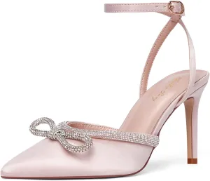Elisabet Tang Women's High Heel Pumps,Rhinestone Strip Bowknot Ankle Buckle Straps Heels Stiletto Sandals Suede Pointed Closed Toe Strappy Heels Pumps Wedding Dress Shoes
