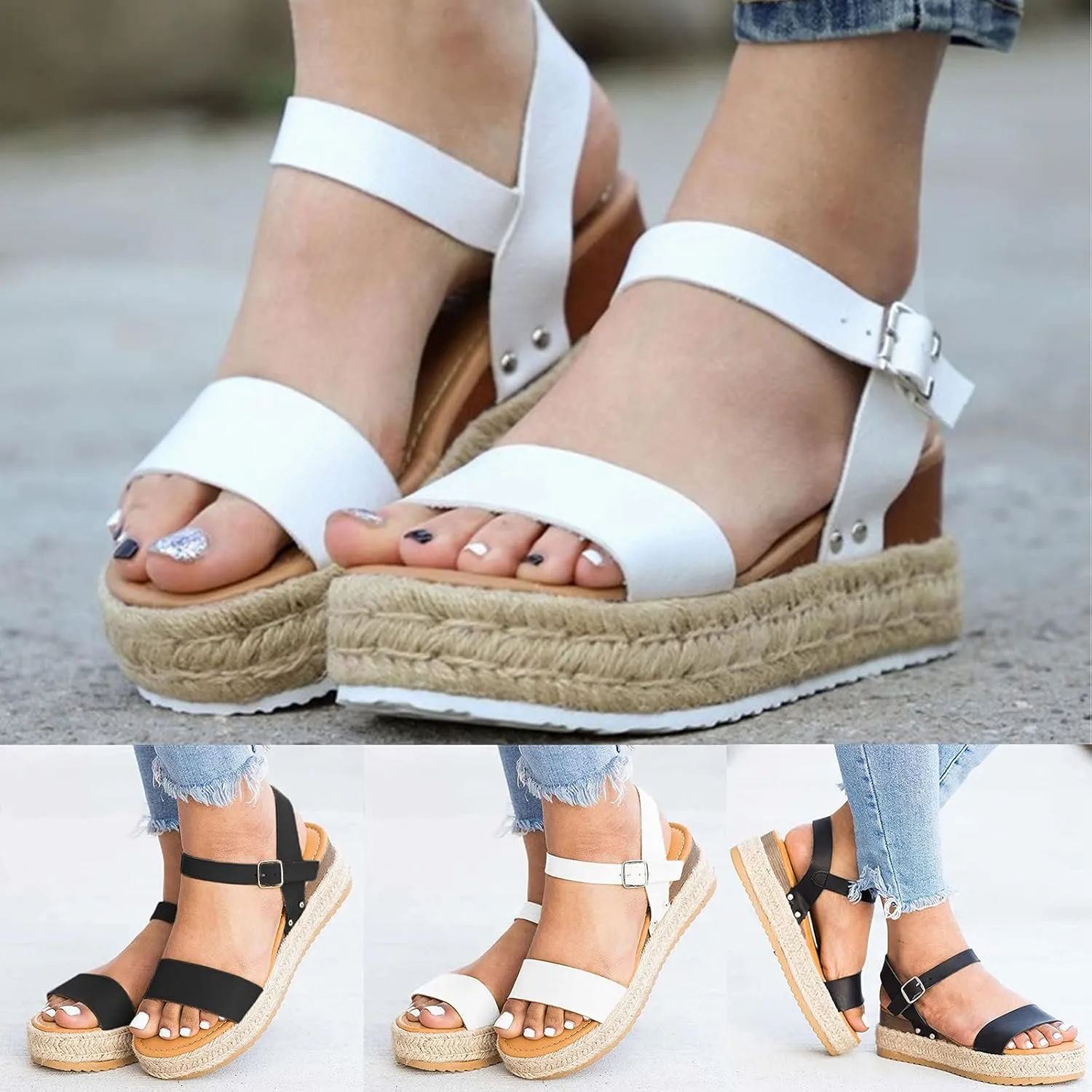 Espadrilles Wedges for Women,Casual Espadrille Slide On Platform Sandals Comfort Open Toe Ankle Elastic Strappy Studded Flatform Sandal Shoes