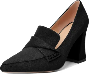 Esvowido Women's High Heel Loafers Block Chunky Heels Slip on Pumps Closed Pointed Toe Comfortable Dress Shoes for Work Office 3.5 Inch