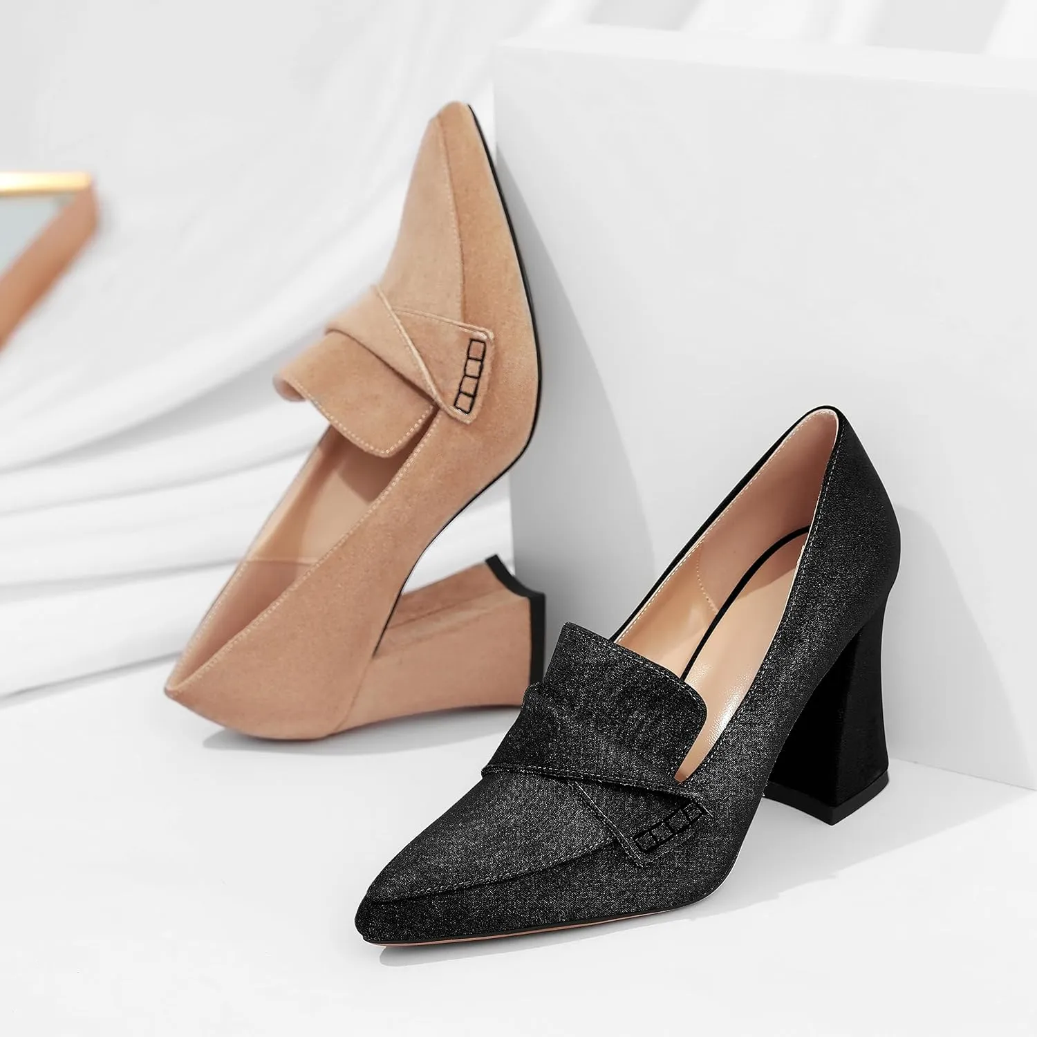 Esvowido Women's High Heel Loafers Block Chunky Heels Slip on Pumps Closed Pointed Toe Comfortable Dress Shoes for Work Office 3.5 Inch
