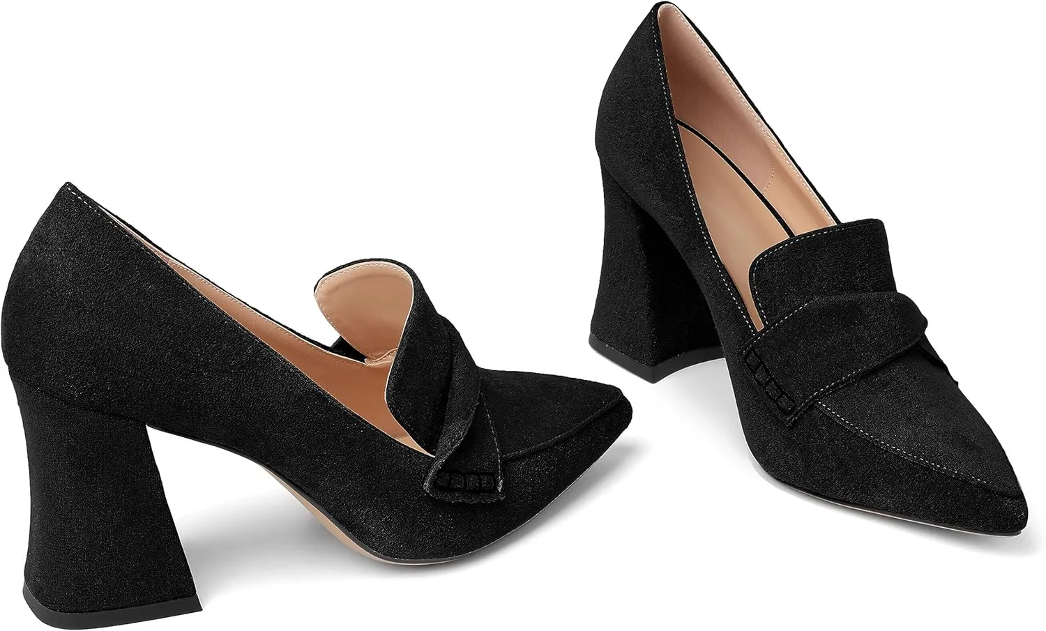 Esvowido Women's High Heel Loafers Block Chunky Heels Slip on Pumps Closed Pointed Toe Comfortable Dress Shoes for Work Office 3.5 Inch