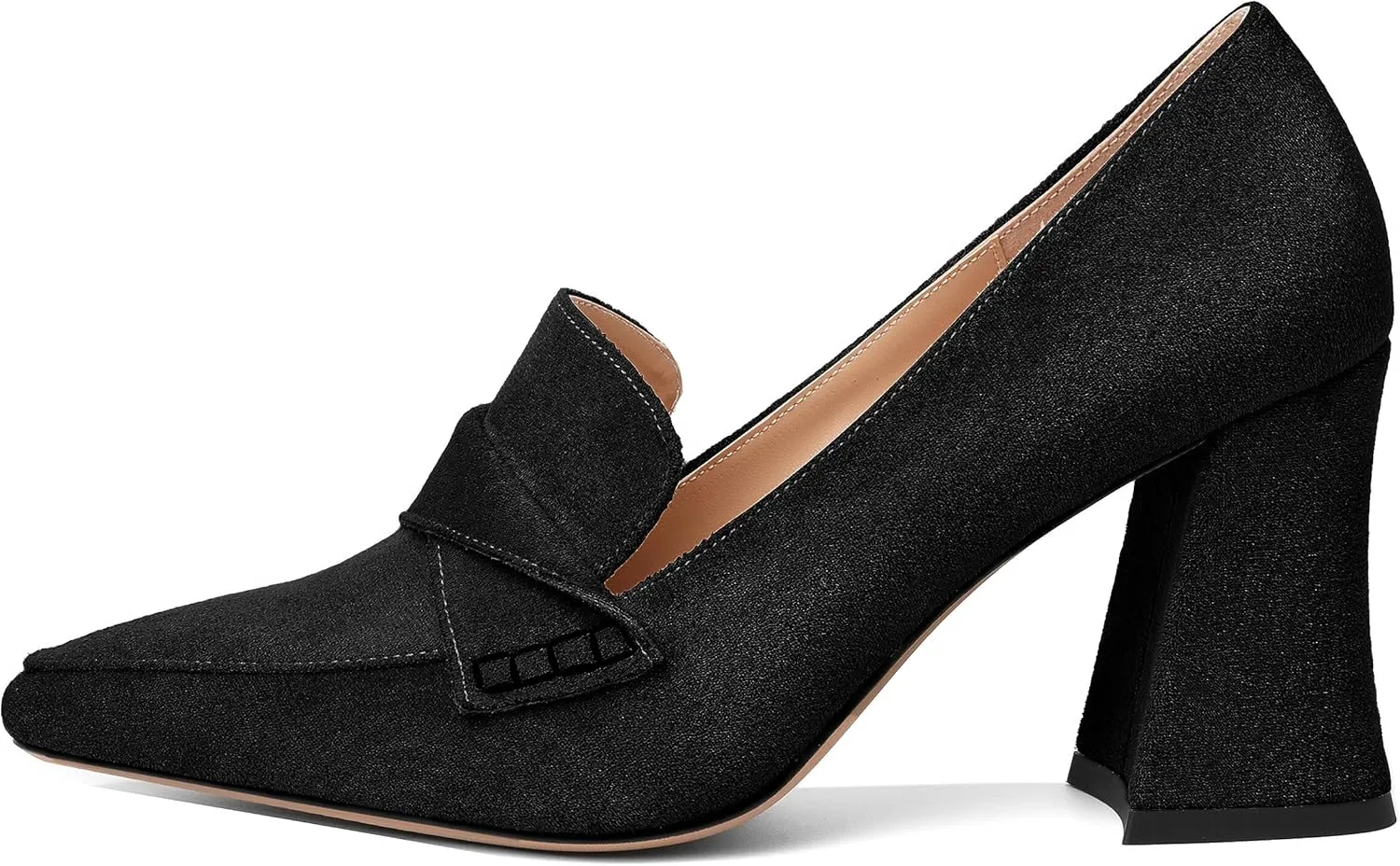 Esvowido Women's High Heel Loafers Block Chunky Heels Slip on Pumps Closed Pointed Toe Comfortable Dress Shoes for Work Office 3.5 Inch