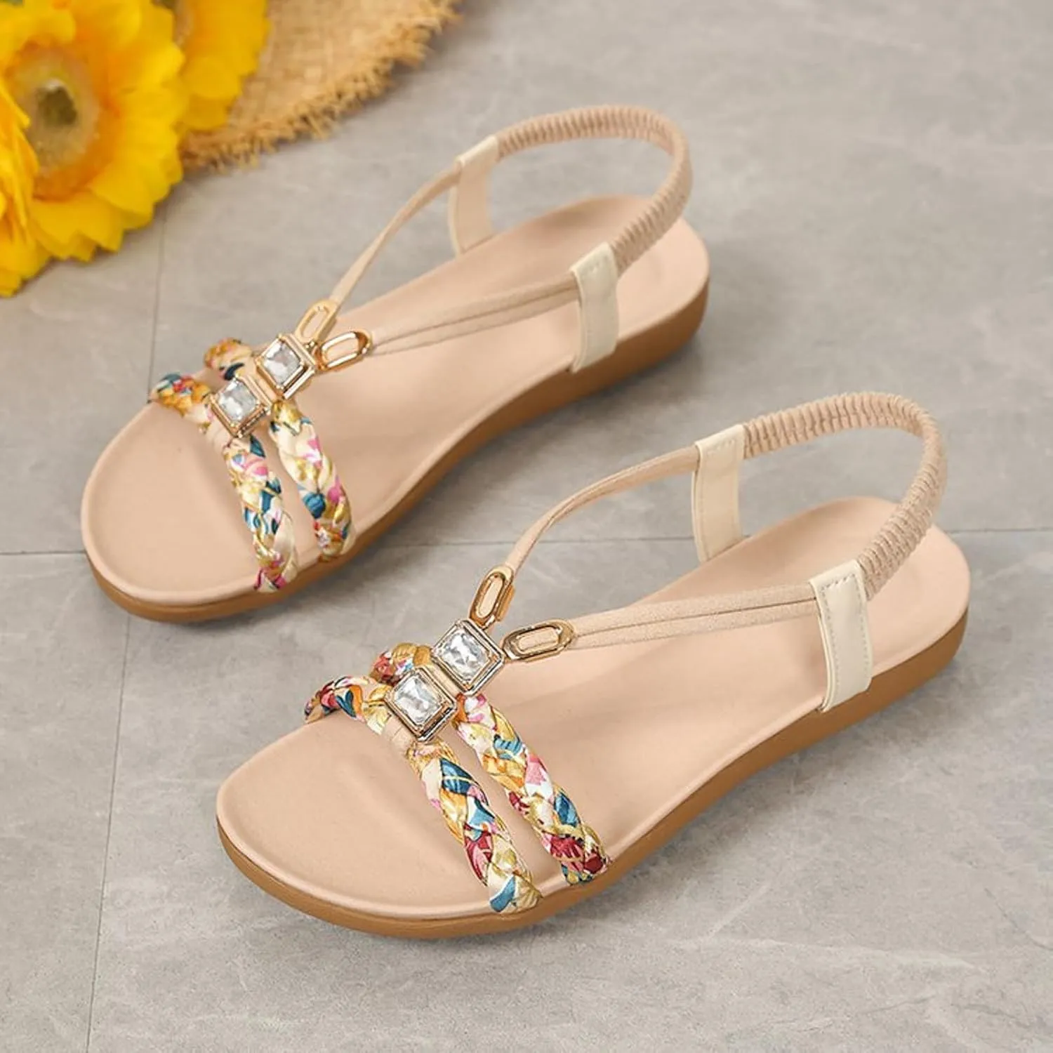 Flat Sandals for Women Dressy Walking Comfortable Slides Sandals Non Slip Sparkling Rhinestone Sandal with Adjustable Back Ankle Beach Bohemian Flat Sandal Shoes