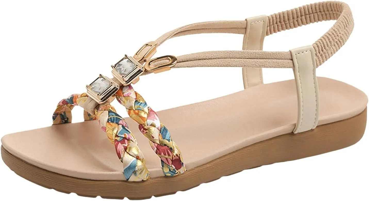 Flat Sandals for Women Dressy Walking Comfortable Slides Sandals Non Slip Sparkling Rhinestone Sandal with Adjustable Back Ankle Beach Bohemian Flat Sandal Shoes