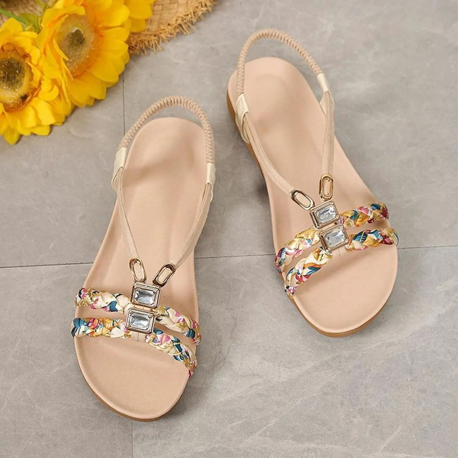 Flat Sandals for Women Dressy Walking Comfortable Slides Sandals Non Slip Sparkling Rhinestone Sandal with Adjustable Back Ankle Beach Bohemian Flat Sandal Shoes