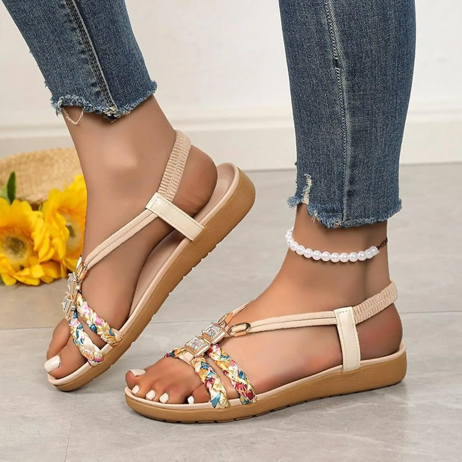 Flat Sandals for Women Dressy Walking Comfortable Slides Sandals Non Slip Sparkling Rhinestone Sandal with Adjustable Back Ankle Beach Bohemian Flat Sandal Shoes