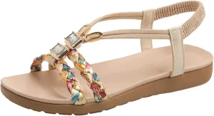 Flat Sandals for Women Dressy Walking Comfortable Slides Sandals Non Slip Sparkling Rhinestone Sandal with Adjustable Back Ankle Beach Bohemian Flat Sandal Shoes