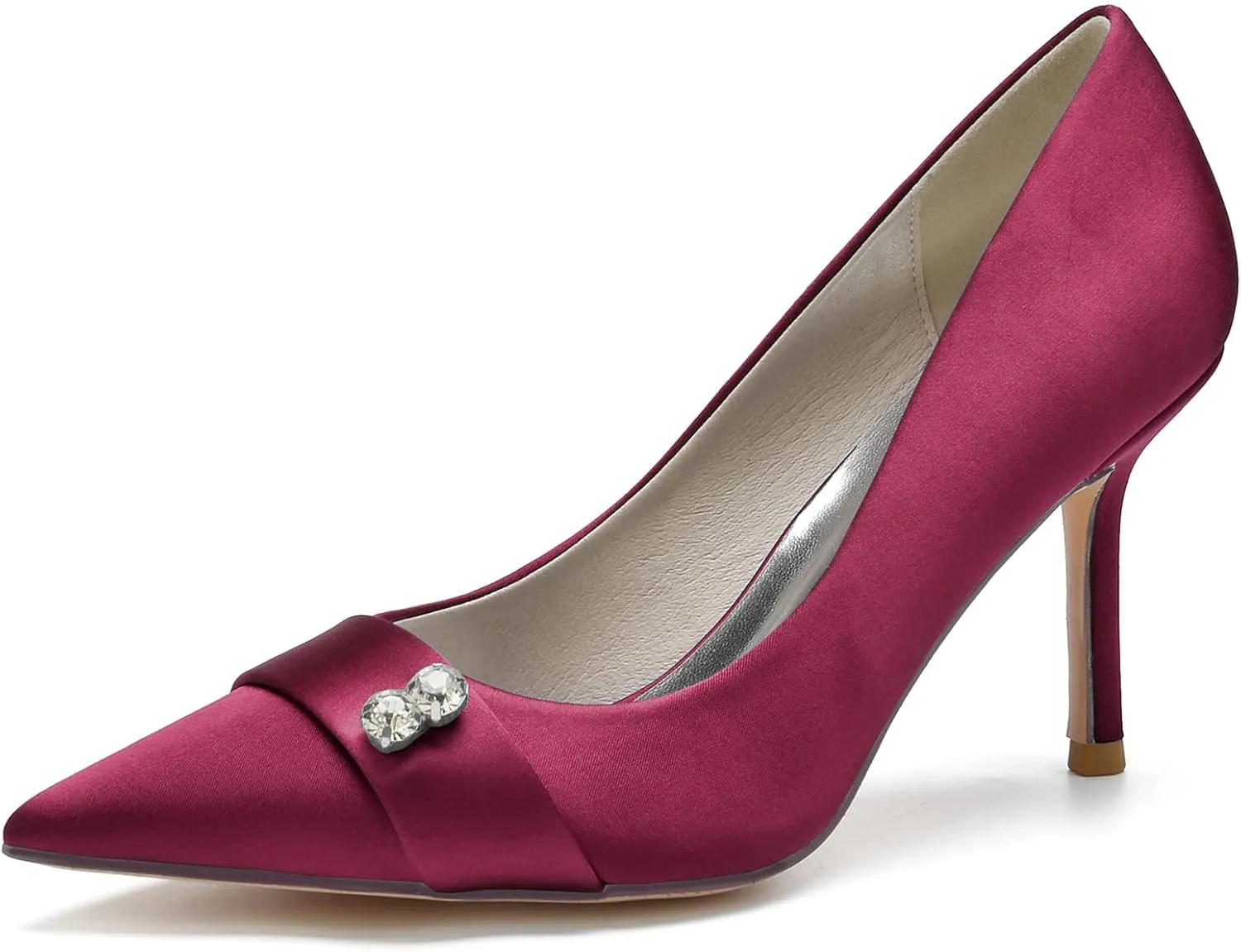 FufoneUS Women's Bridal Shoes Closed Toe 3.35" Stiletto Heel Lace Satin Pumps Evening Wedding Heels,Burgundy,5