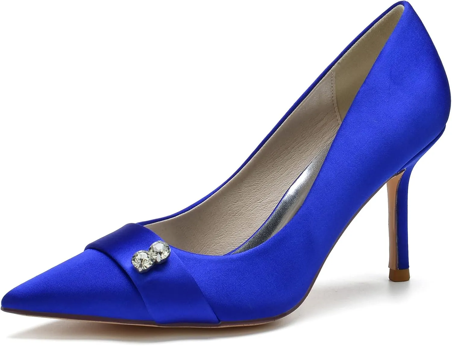 FufoneUS Women's Bridal Shoes Closed Toe 3.35" Stiletto Heel Lace Satin Pumps Evening Wedding Heels,Royal Blue,6