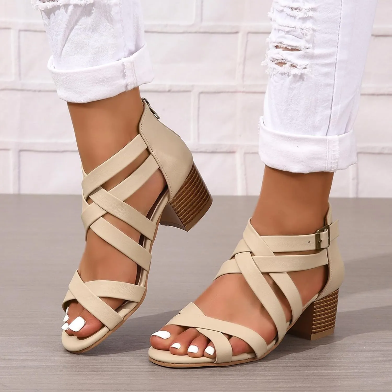 Generic Women's Peep Toe Ankle Strap Low Block Chunky Heels Sandals Party Dress Wedding Evening Pumps Shoes