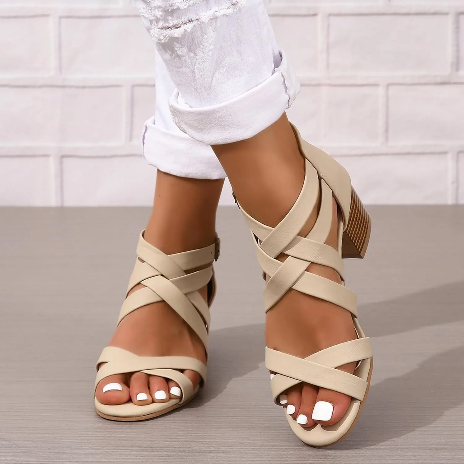 Generic Women's Peep Toe Ankle Strap Low Block Chunky Heels Sandals Party Dress Wedding Evening Pumps Shoes