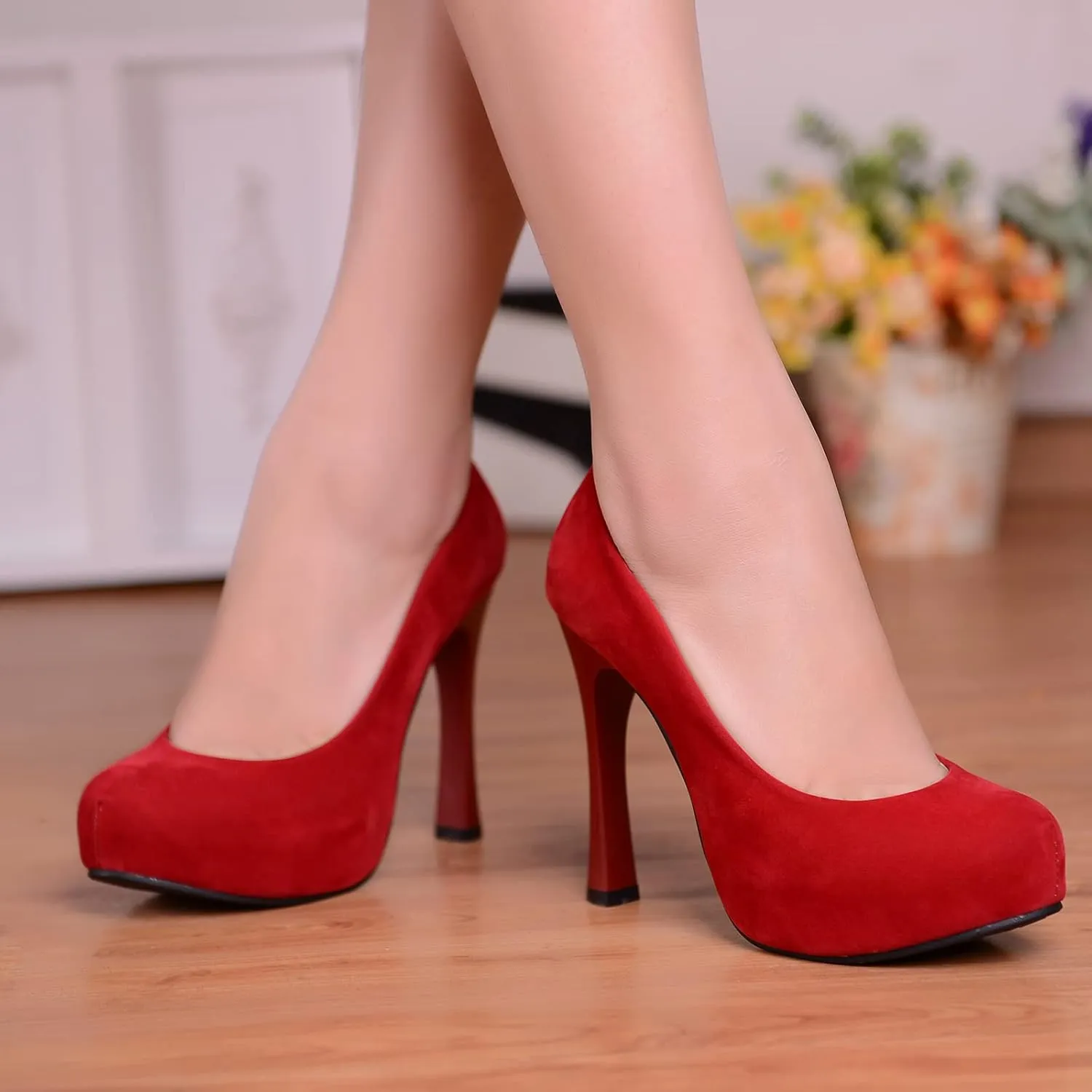 Gicoiz Platform Stiletto Heels Women Round Toe Suede Pumps