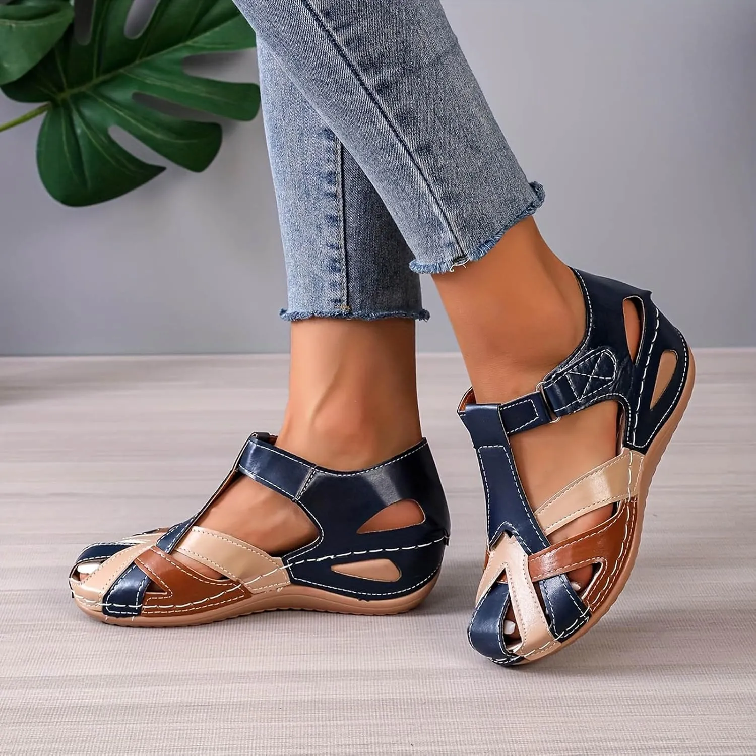Gladiator Sandals for Women Dressy Summer Comfortable Closed Toe Sandals Ankle Strap Wedges Breathable Hollow Out Sandal Casual Anti-Slip Sandal Outdoor Walking Shoes