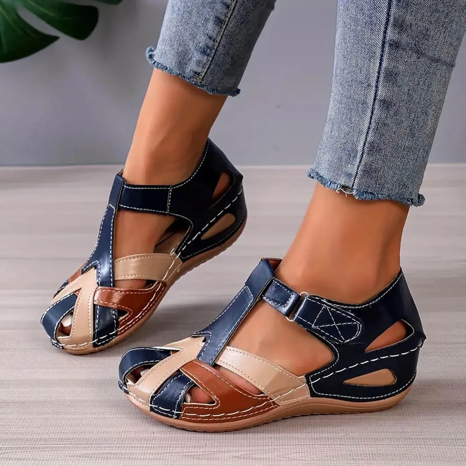 Gladiator Sandals for Women Dressy Summer Comfortable Closed Toe Sandals Ankle Strap Wedges Breathable Hollow Out Sandal Casual Anti-Slip Sandal Outdoor Walking Shoes