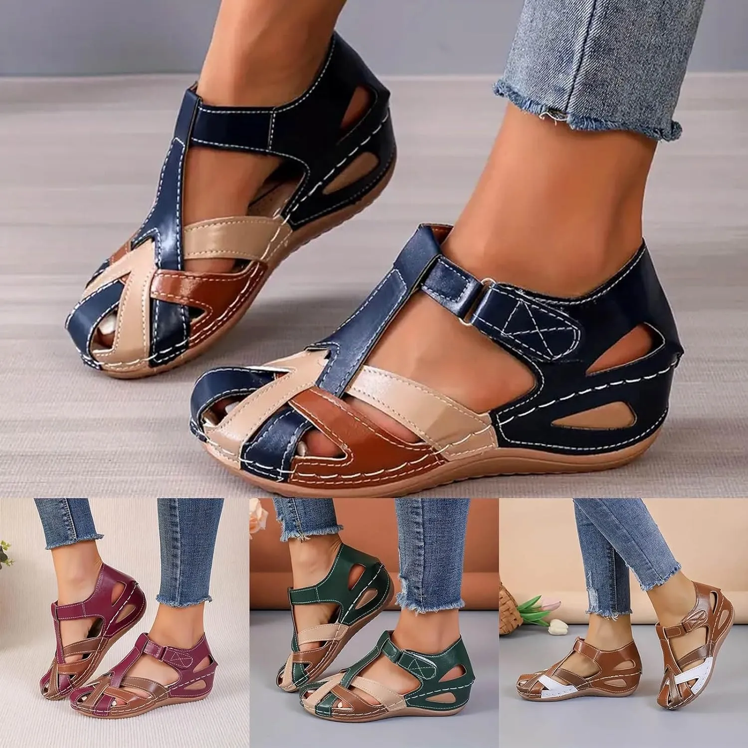 Gladiator Sandals for Women Dressy Summer Comfortable Closed Toe Sandals Ankle Strap Wedges Breathable Hollow Out Sandal Casual Anti-Slip Sandal Outdoor Walking Shoes