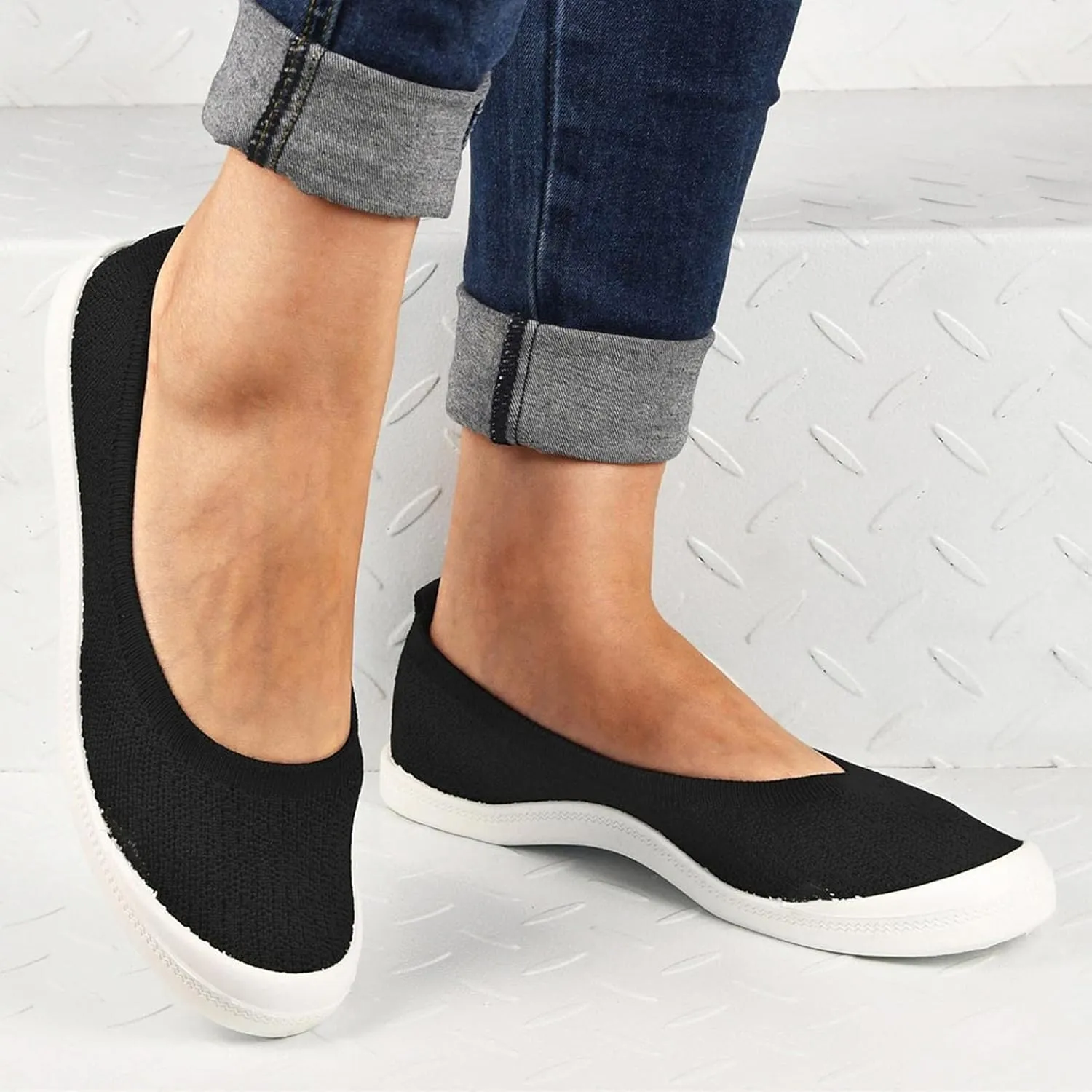 Hbeylia Slip On Loafers For Women Lightweight Breathable Mesh Ballet Flats Walking Shoes Soft Comfort Knit Slip-On Flats Fashion Casual Low Top Knitted Fashion Sneakers Work Nurse Driving Shoes