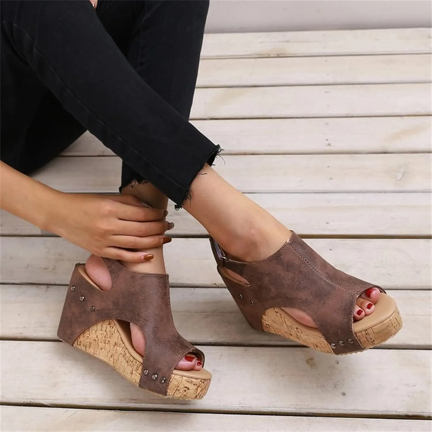 HINDOLA Women's Platform Sandals Wedge Ankle Strap Open Toe Sandals Summer Leather Espadrilles Shoes