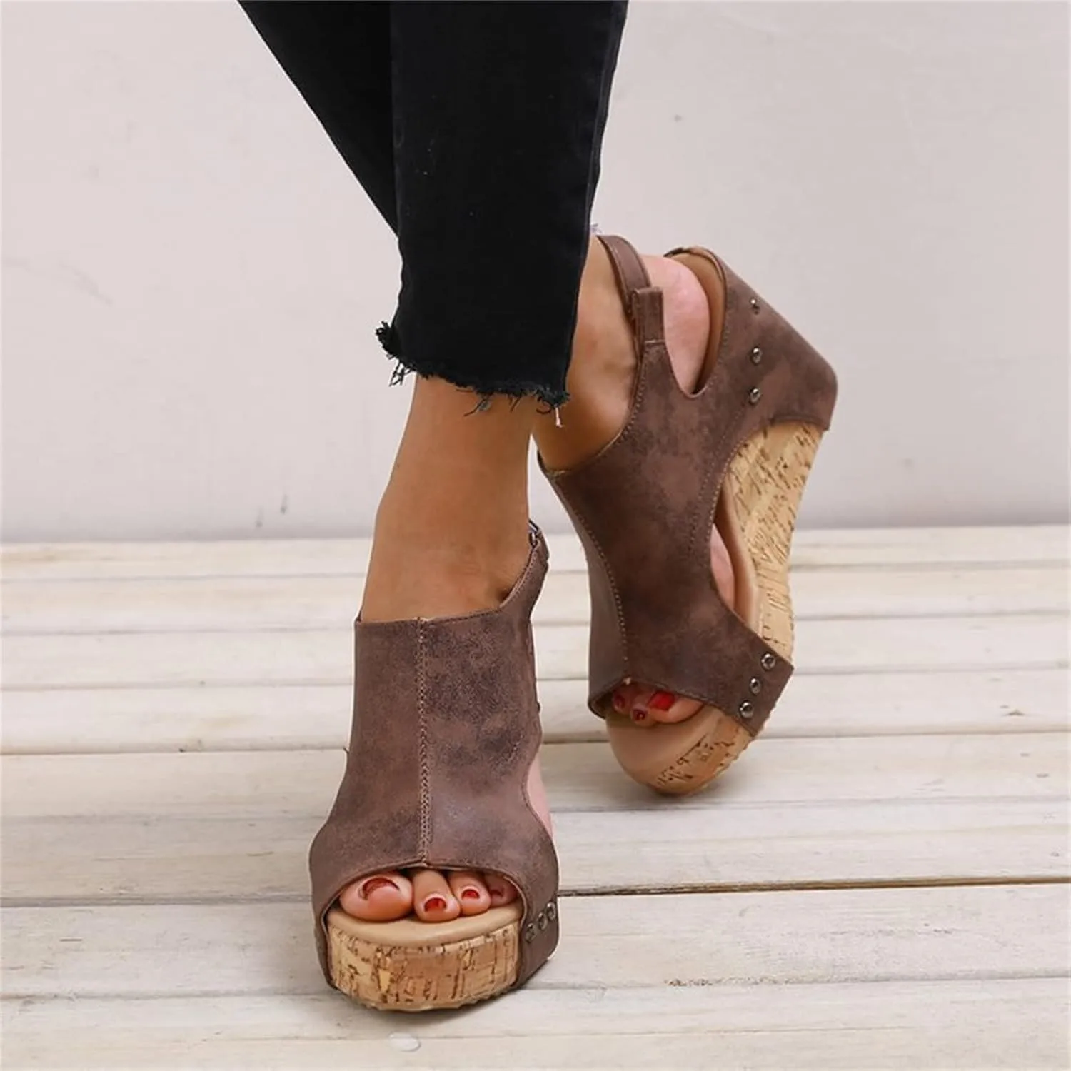HINDOLA Women's Platform Sandals Wedge Ankle Strap Open Toe Sandals Summer Leather Espadrilles Shoes