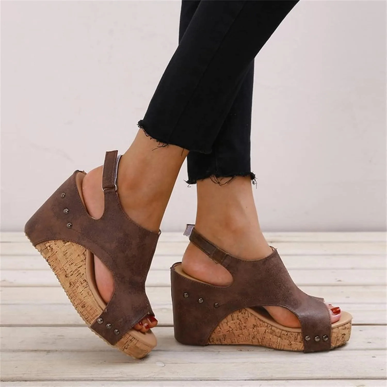 HINDOLA Women's Platform Sandals Wedge Ankle Strap Open Toe Sandals Summer Leather Espadrilles Shoes