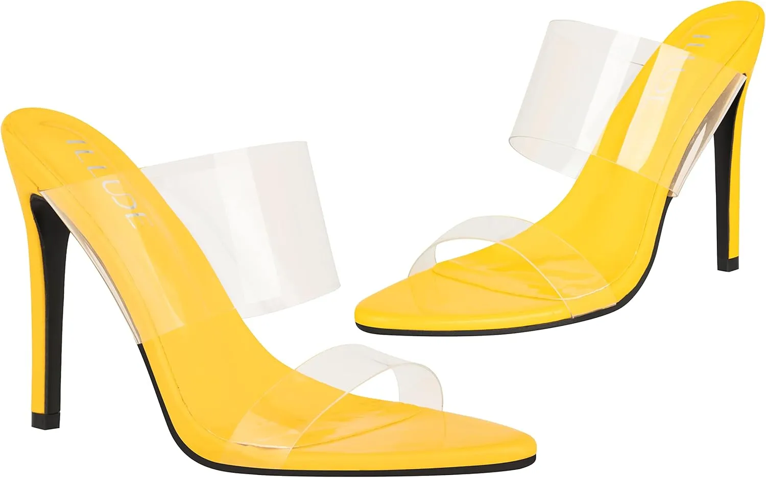 ILLUDE Womens Clear Pointed Toe Sandals Stiletto Heels Transparent Strap High Heels Slip on Mules