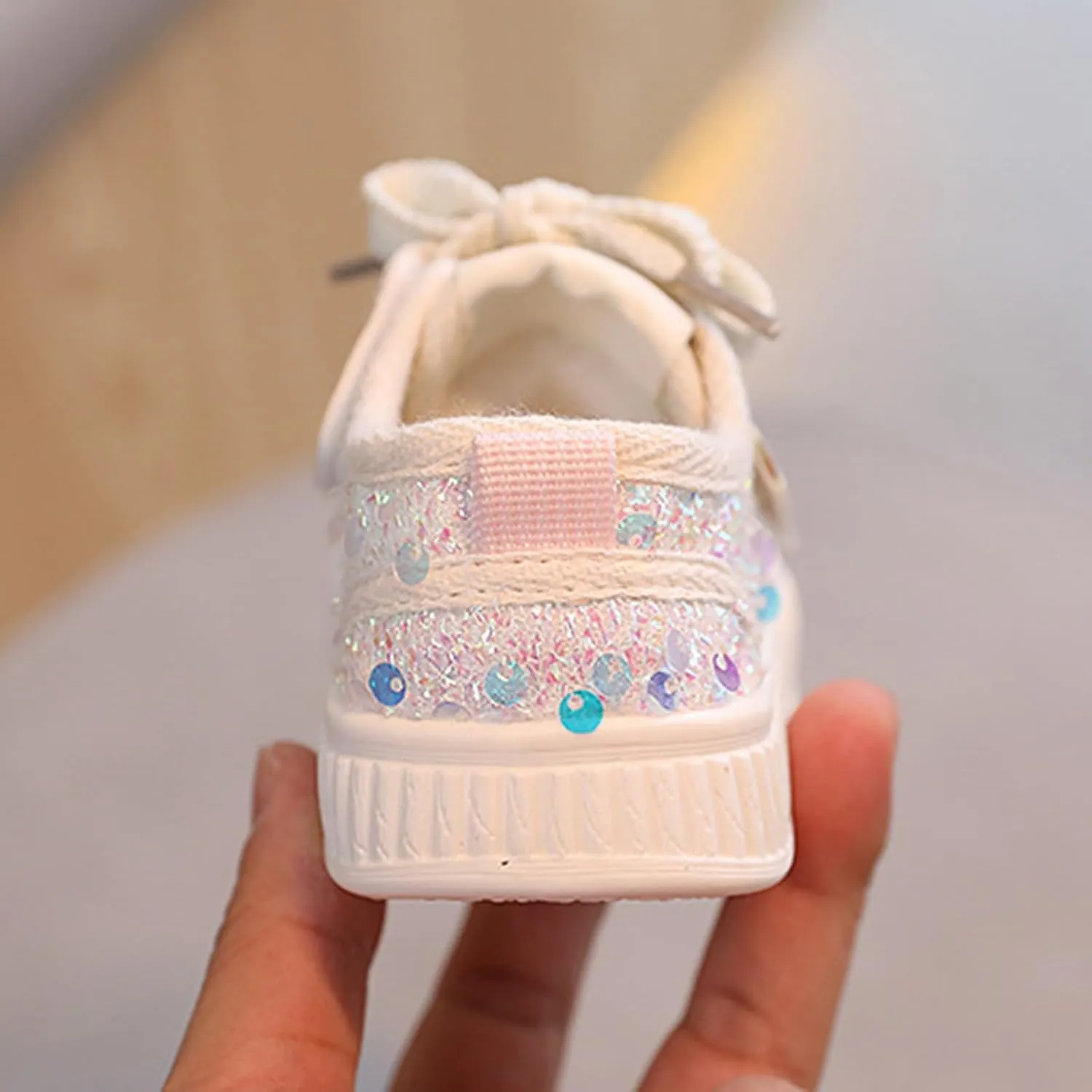 Infant Sequin Canvas Shoes Toddler Lightweight Platform Slip On Walking Sneaker with Easy Fasten Strap for Baby