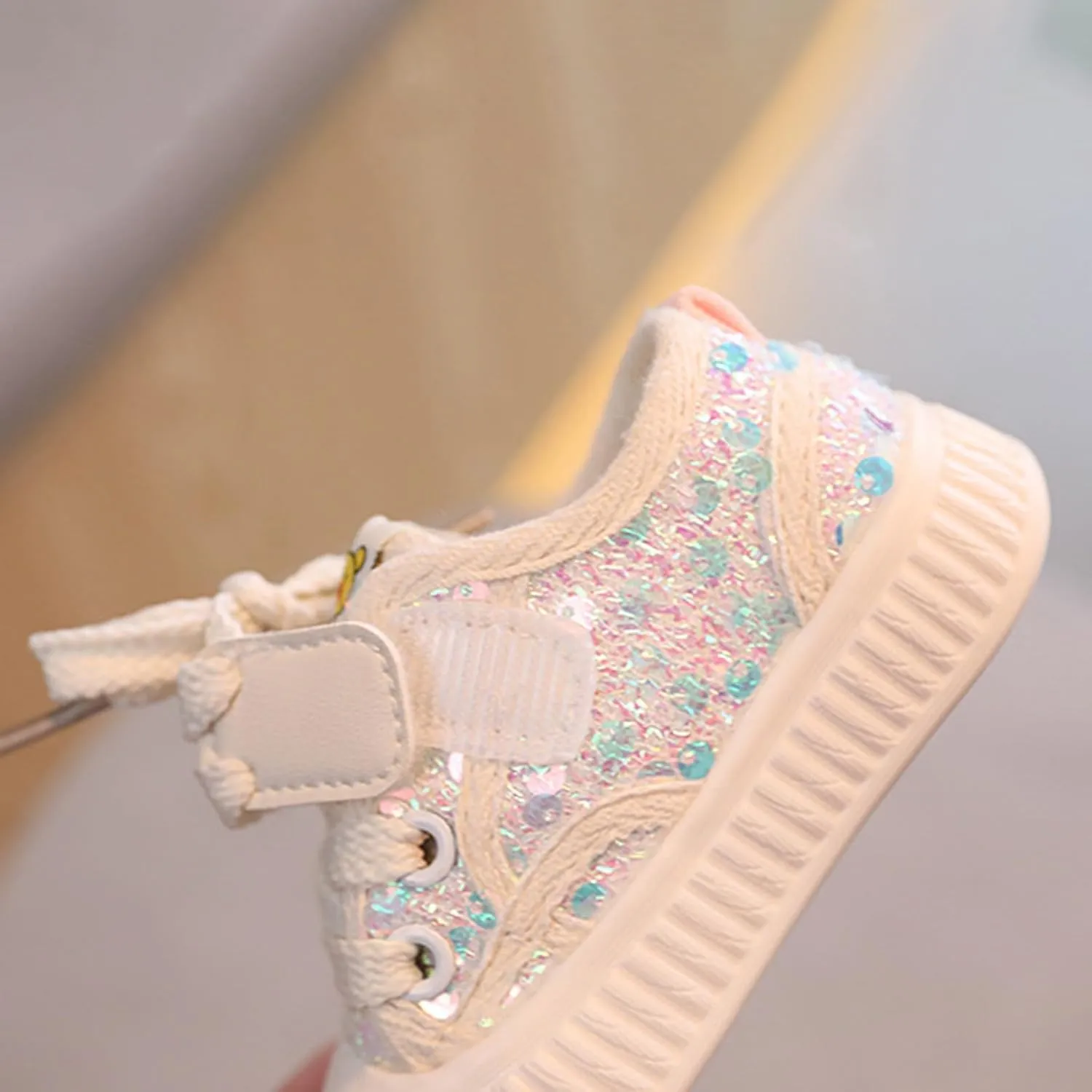 Infant Sequin Canvas Shoes Toddler Lightweight Platform Slip On Walking Sneaker with Easy Fasten Strap for Baby