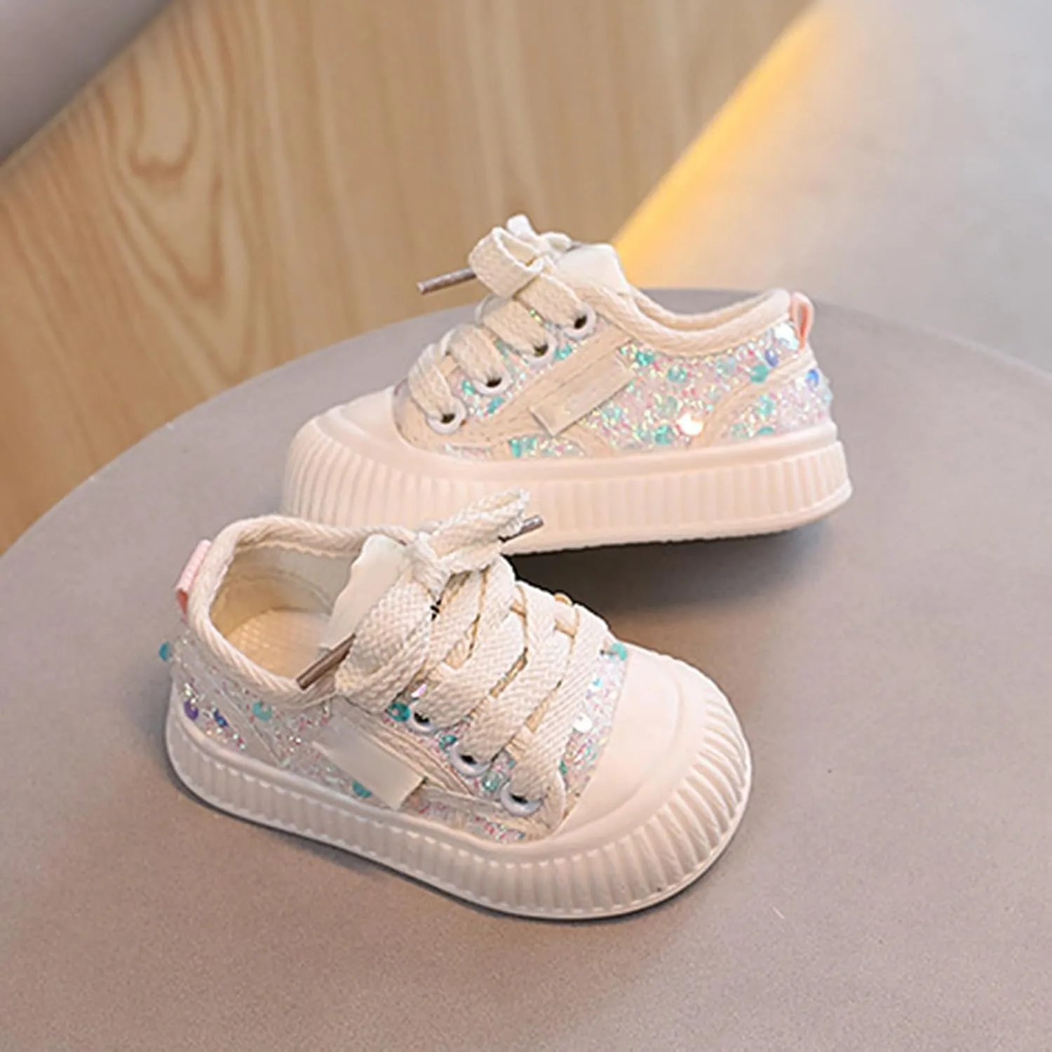 Infant Sequin Canvas Shoes Toddler Lightweight Platform Slip On Walking Sneaker with Easy Fasten Strap for Baby