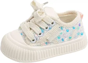 Infant Sequin Canvas Shoes Toddler Lightweight Platform Slip On Walking Sneaker with Easy Fasten Strap for Baby