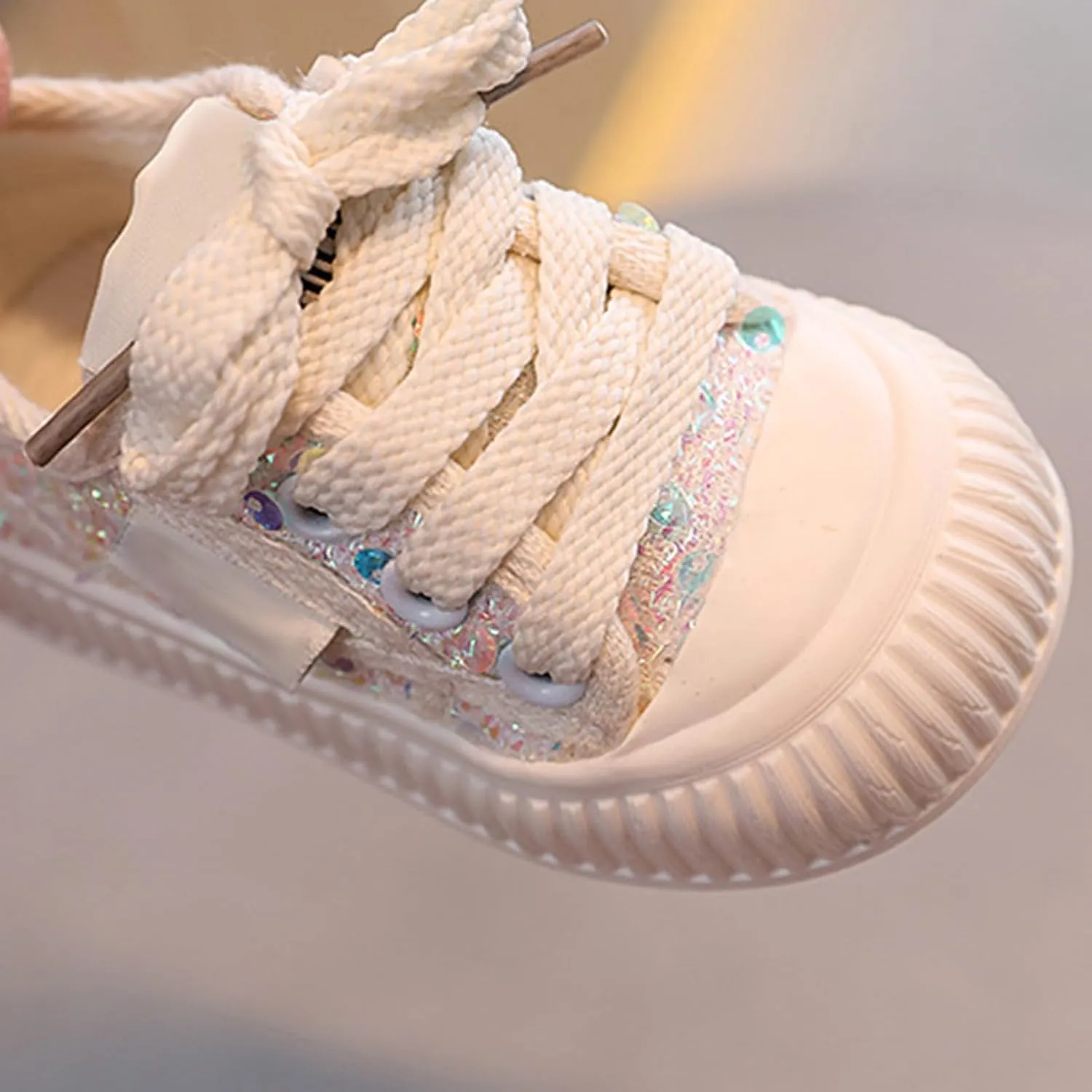 Infant Sequin Canvas Shoes Toddler Lightweight Platform Slip On Walking Sneaker with Easy Fasten Strap for Baby