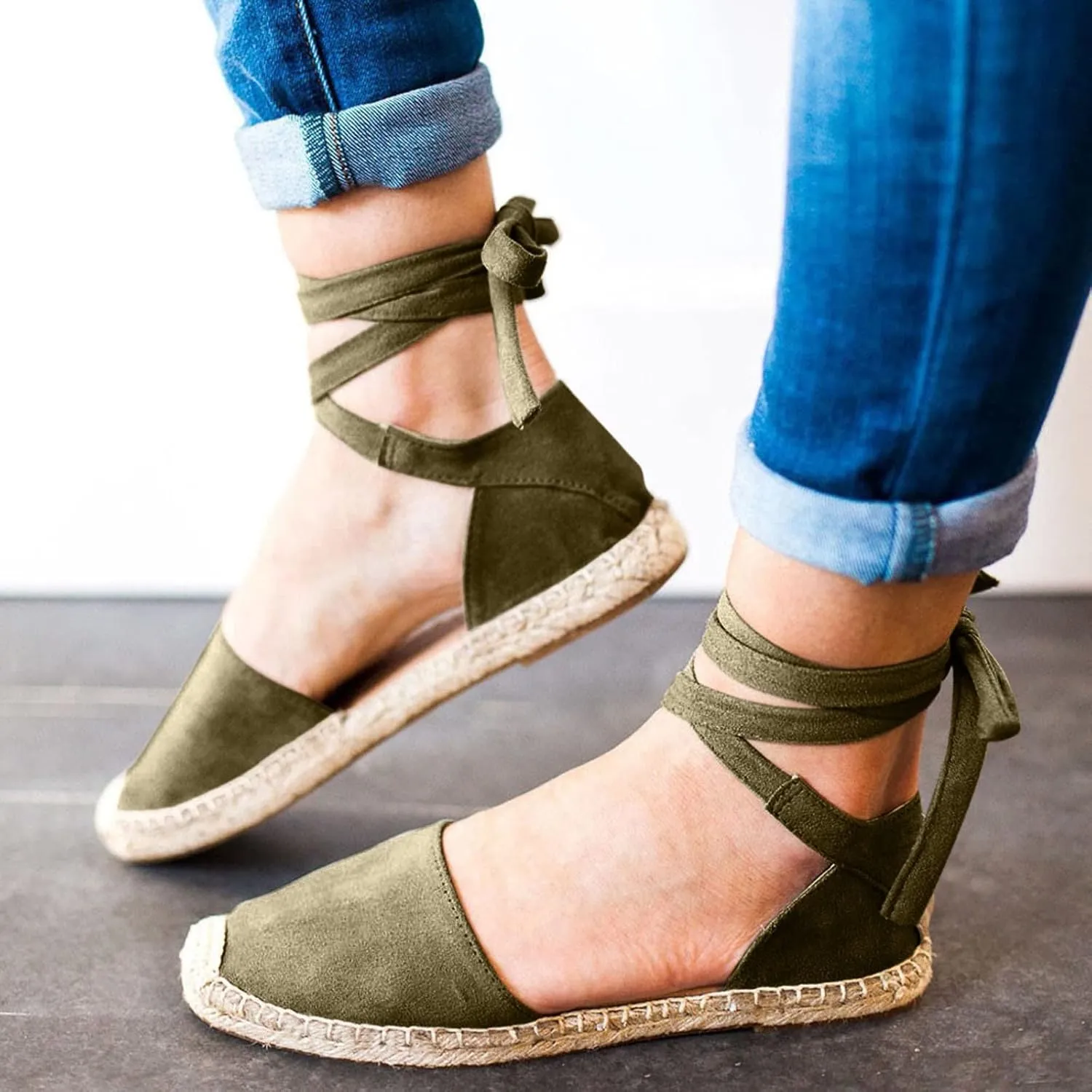 Ladies Flat Sandals Linen Vintage Cover Heel Falt Espadrille Straw Solid Closed toe Covered toe Beach Sandals